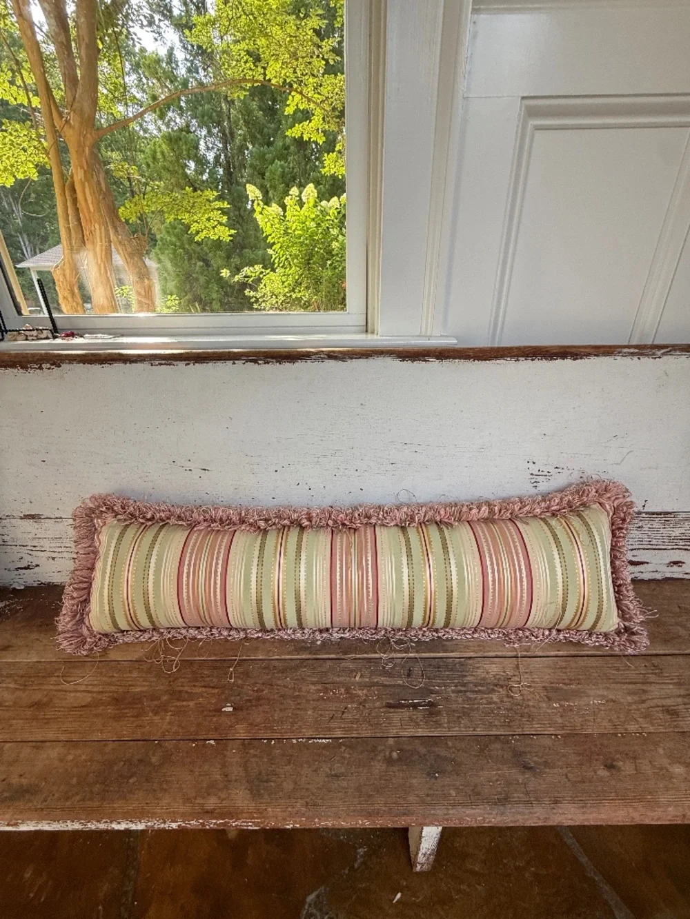 Striped Pink and Green Fringe Trimmed Bolster Pillow
